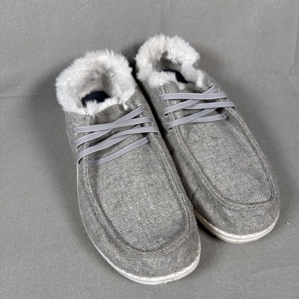 Tommy Bahama Women’s Size 9.5 Faux Fur Lined Gray Canvas Slip On Loafers Shoes